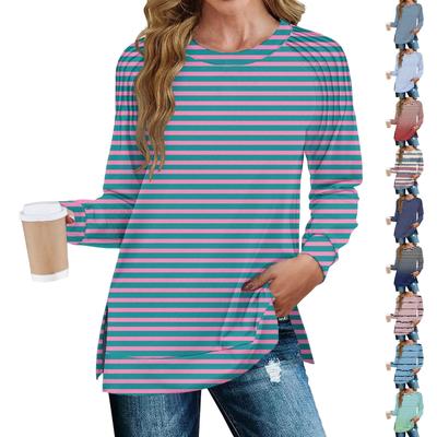 Women's Fashion Casual Stripe Print Pleated Hem Split Loose Fit Fall Sweatshirt Long Sleeve Top