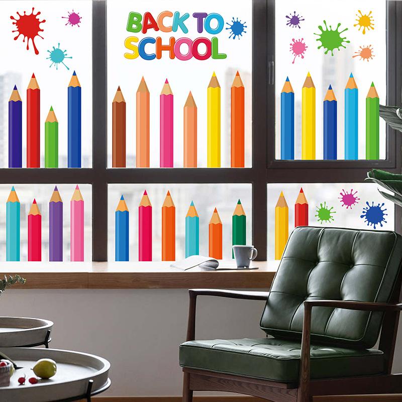 9 Blätter/Set, Bleistift Fensteraufkleber, Klebefolie, Doppelseitige Fensteraufkleber, Buntstift Fensteraufkleber, Willkommen zurück zur Schule