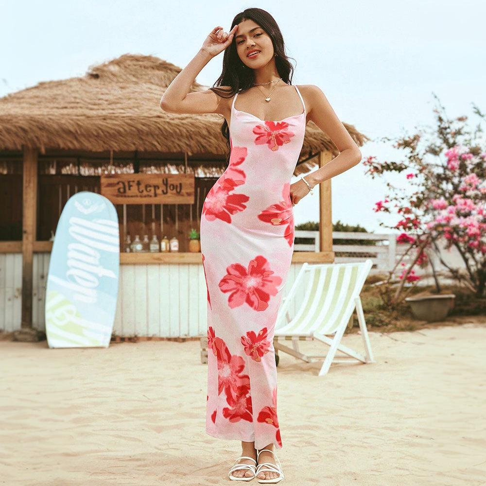 Summer travel and vacation style dress with beach-inspired printed maxi dress