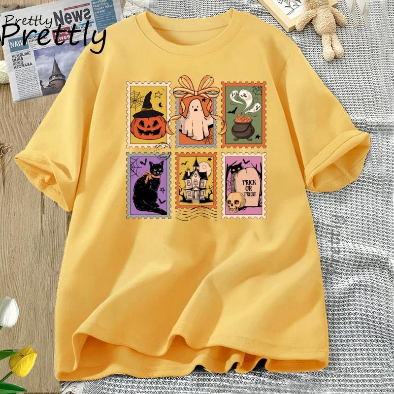 Retro Halloween Cat Ghost T Shirt Girly Halloween Fall Spooky Season Tshirt Pumpkin Spooky Mama Tshirt Casual Short Sleeve