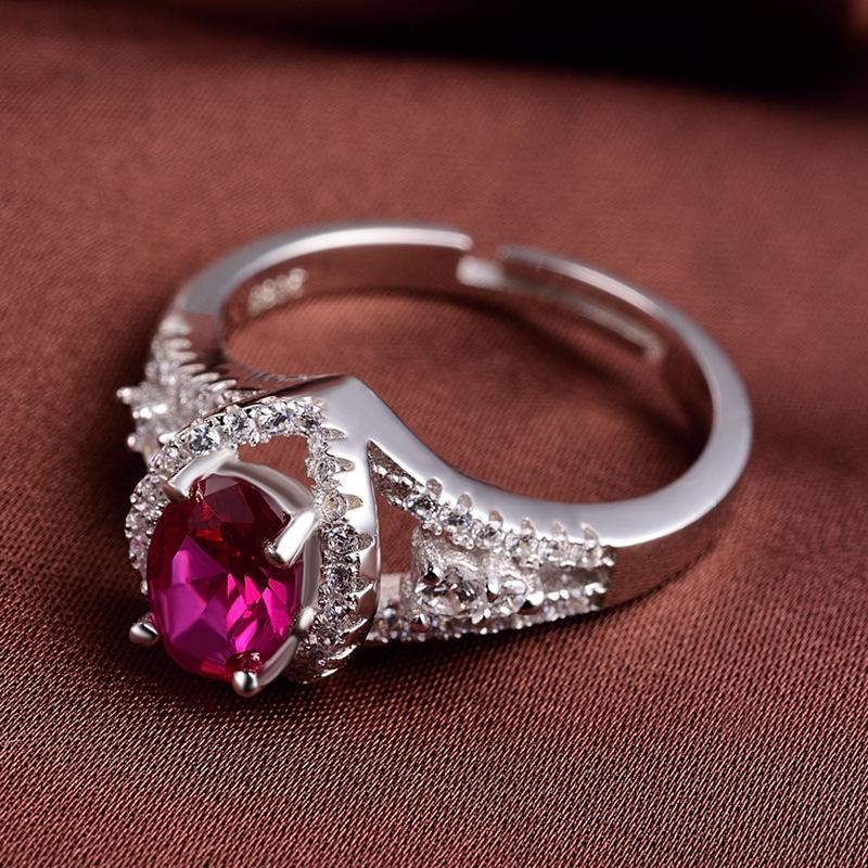 Anello Regolabile in Argento Sterling S925 Placcato in Stile Coreano con Zircone Rosso - Anello da Dito Aperto Argento da Donna