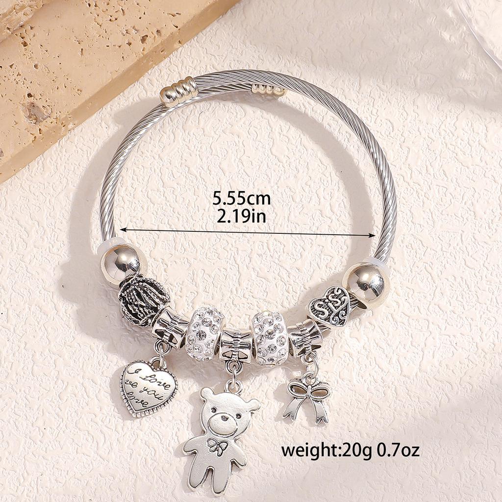 Women All Match Crystal Love Heart Bear Beads Bracelet Cuff