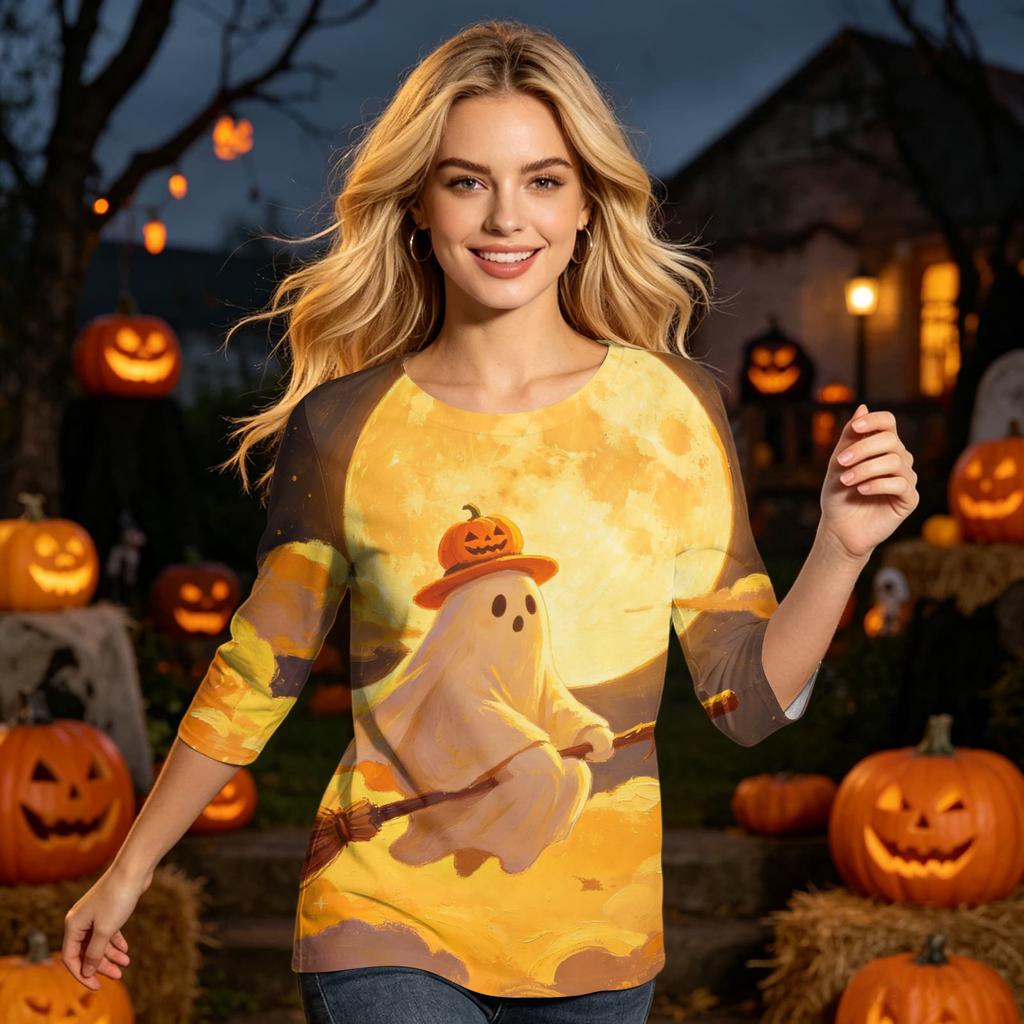 Womens Casual Halloween Print Round Neck Three Quarter Sleeve Top Lightweight Soft Fabric Pullover Shirt for Everyday Wear