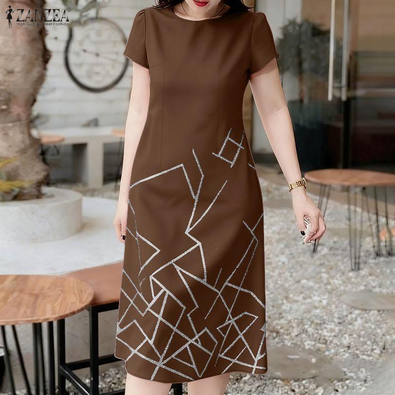 ZANZEA Women Casual Round Neck Summer Short Sleeve Print Dress