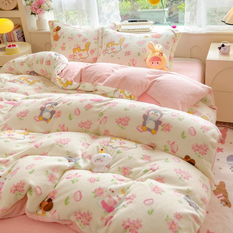 Thickened Milk Fleece Four-Piece Set, Coral Flange Double-Sided Fleece Quilt Cover, Bed Sheet, Bed Hat Three-Piece Set