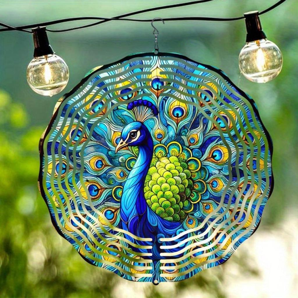 Kaijit - Buntglas Pfau Windspiel | Dekorative Hänge-Windspiele für Garten, Balkon & Außendekor | Farbenfrohe Kunstwerke für Terrasse & Hof