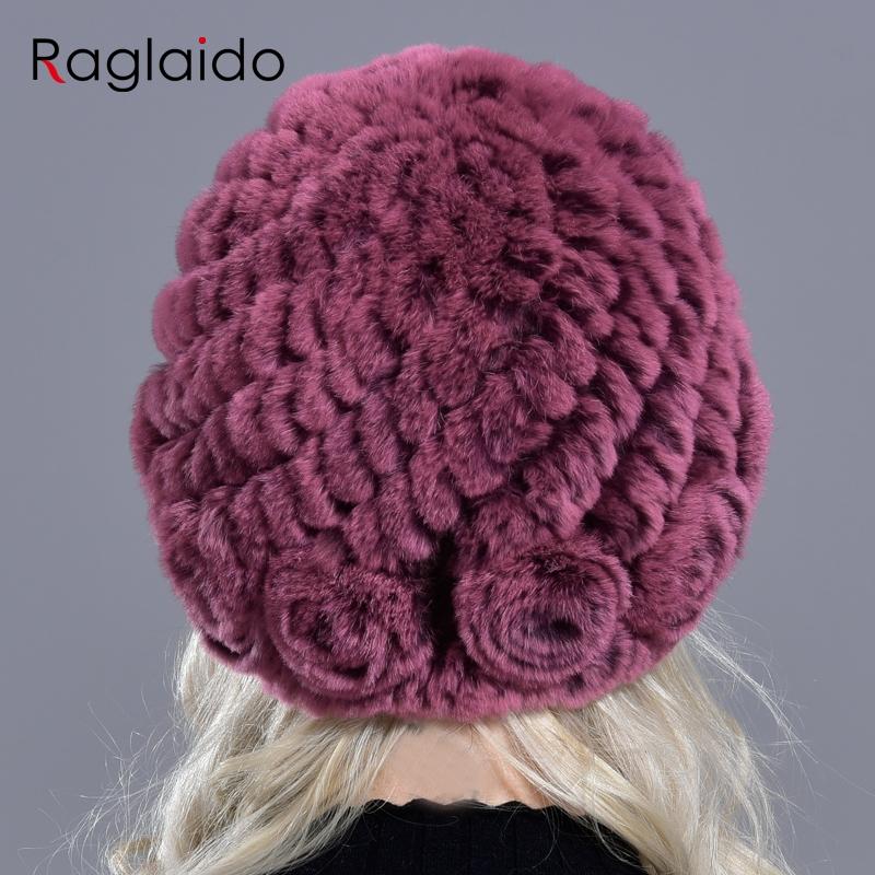 Raglaido Rabbit Fur Hats for Women Winter Floral Real Fur Hat Women's Beanies Elastic Warm Fashion Ladies Snow Hat LQ11204