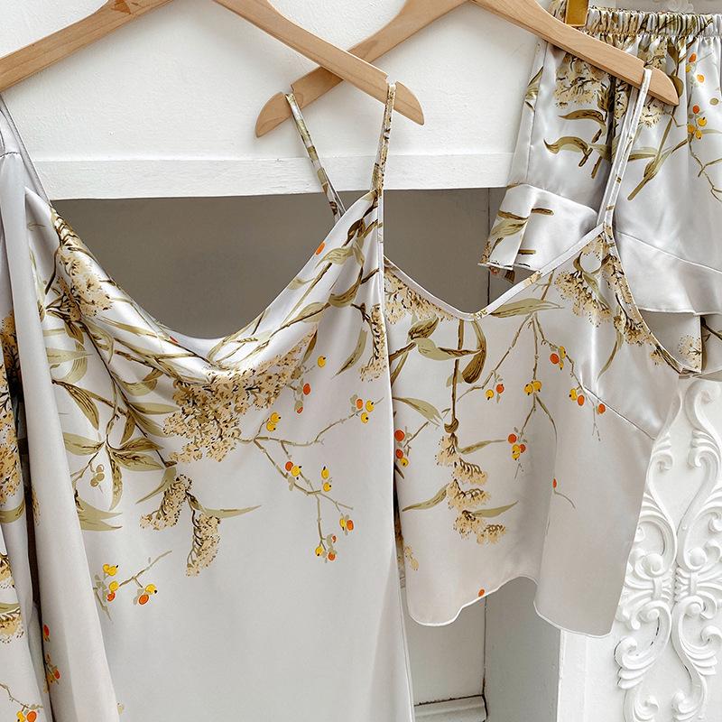 Spring & Summer Women's Pajama Set: European-American Style 4-Piece, Nightgown, Camisole, Long Sleeve, Long Length, Sexy Nightdress.