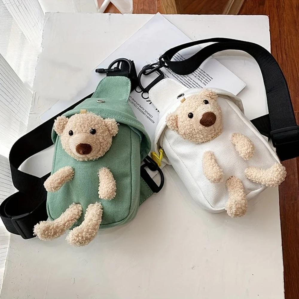 Cute Bear Sling Backpack Small Backpack for Boy Girl Kawaii Lightweight Canvas Travel Bag with Adjustable Shoulder Strap Zipper