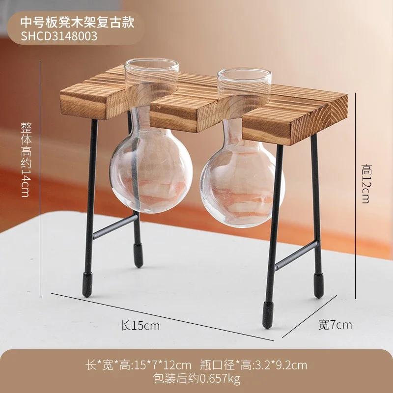 Artistic Wooden Frame Glass Hydroponics Vase Vintage Home Decor Artistic Transparent Flowerpot Coffee Shop Tabletop Decor