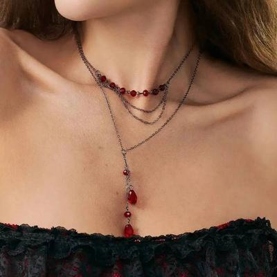 IngeSight.Z 2 Pcs/set Gothic Red Red WaterDrop Crystal Pendant Necklace Women Vintage Charm Metal Chain Choker Jewelry Accessory