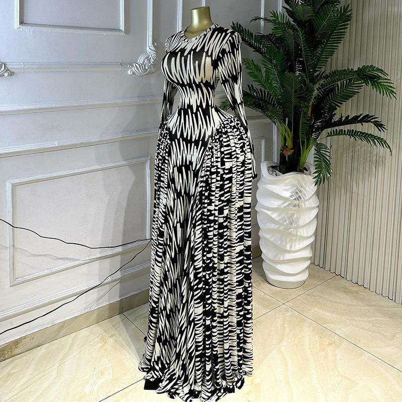 European and American Women's Clothing Autumn New Fashion Round Neck Slim Print Pleated Floor Splicing Dress Dress