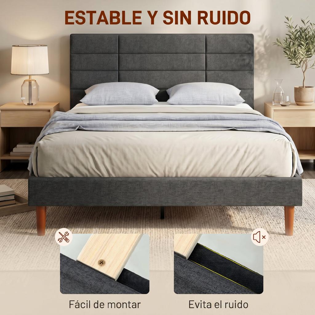 Upholstered Bed, 140 x 200 cm, Padded Mesh Headboard, Under-Storage, Grey Slats