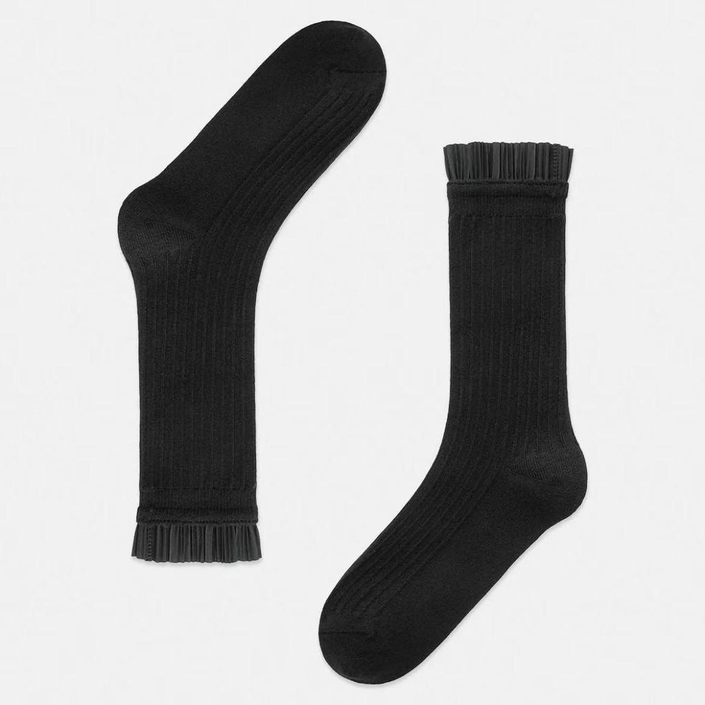 Miu Series Mary Jane Ballet Style Mid-Calf Double Needle Lace Socks for Women - Black & White, Versatile for Autumn & Spring.