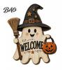 Wooden Hanging Decor Halloween Ghost Welcome Door Hanger, Cute Sign with Witch Hat & Pumpkin Rustic Wood Elements, Fall Indoor Outdoor Wall