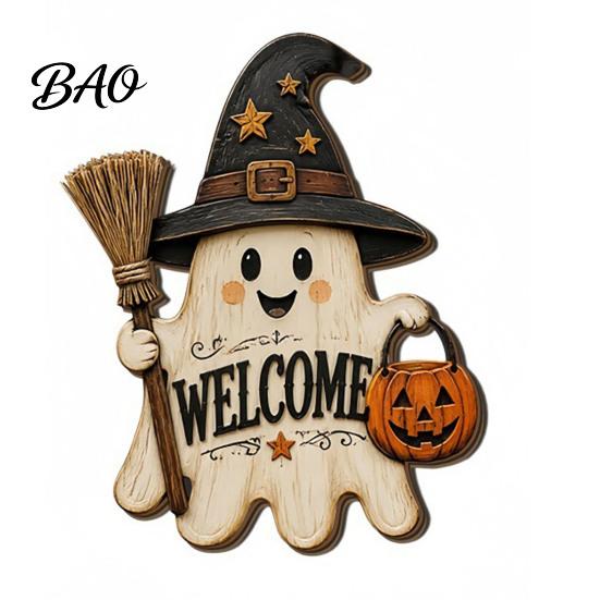 Wooden Hanging Decor Halloween Ghost Welcome Door Hanger, Cute Sign with Witch Hat & Pumpkin Rustic Wood Elements, Fall Indoor Outdoor Wall