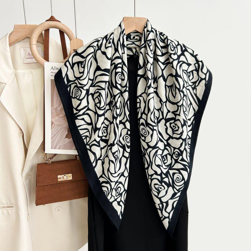 Quadratischer Schal im koreanischen Stil mit weißem Blumendruck - Weich, elegant, hautfreundlich, warmer Fischgrät-Schal für Herbst und Winter
