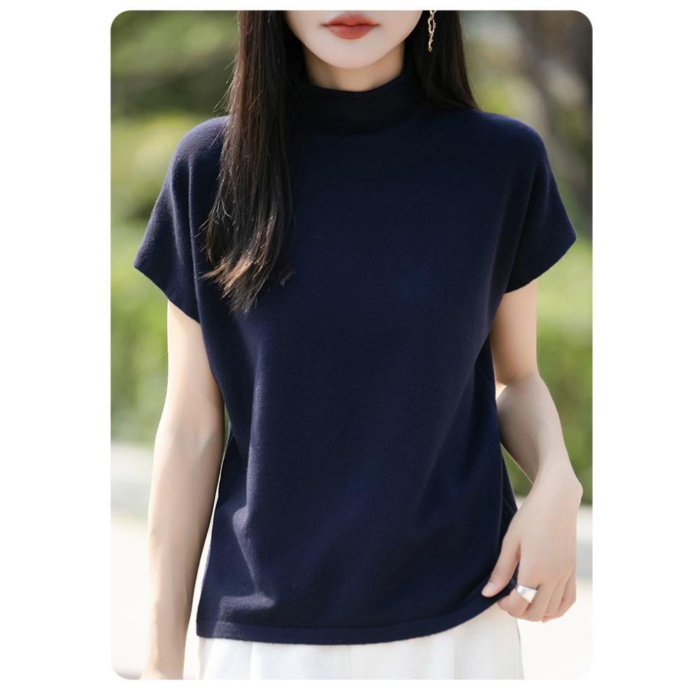New Spring and Autumn Knitted Sweaters, Pullover Sweaters, Women's Short-sleeved Semi-high-neck Base Sweaters
