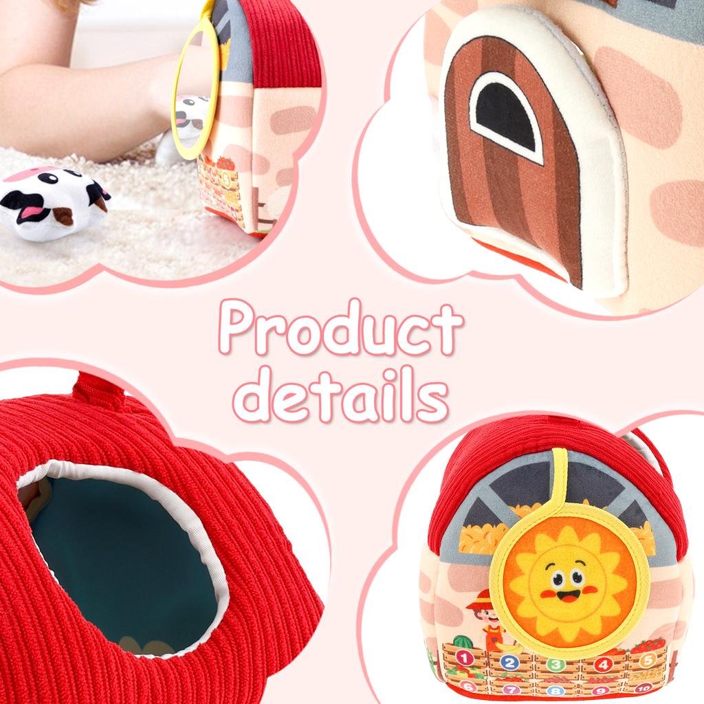 Plush Farm Animal Playset Ith Stuffed Farm Animal Portable Soft Barn Toy with Built In Mirror for 0-12 Months Baby