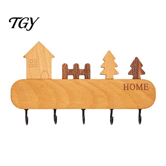 Adhesive Key Rack for Wall Wooden Holder with 5 Hooks, Cartoon House Theme Organizer, Multi Heavy Duty Screw Fixation Hooks Purpose Hanging