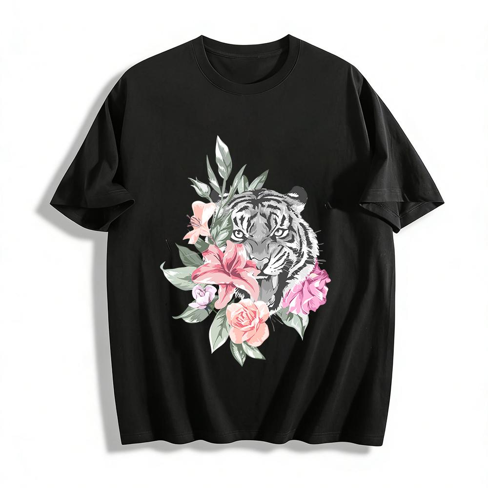 Vintage Ink Tiger Head Floral Print Casual T-Shirt Pure cotton T-shirt XXS