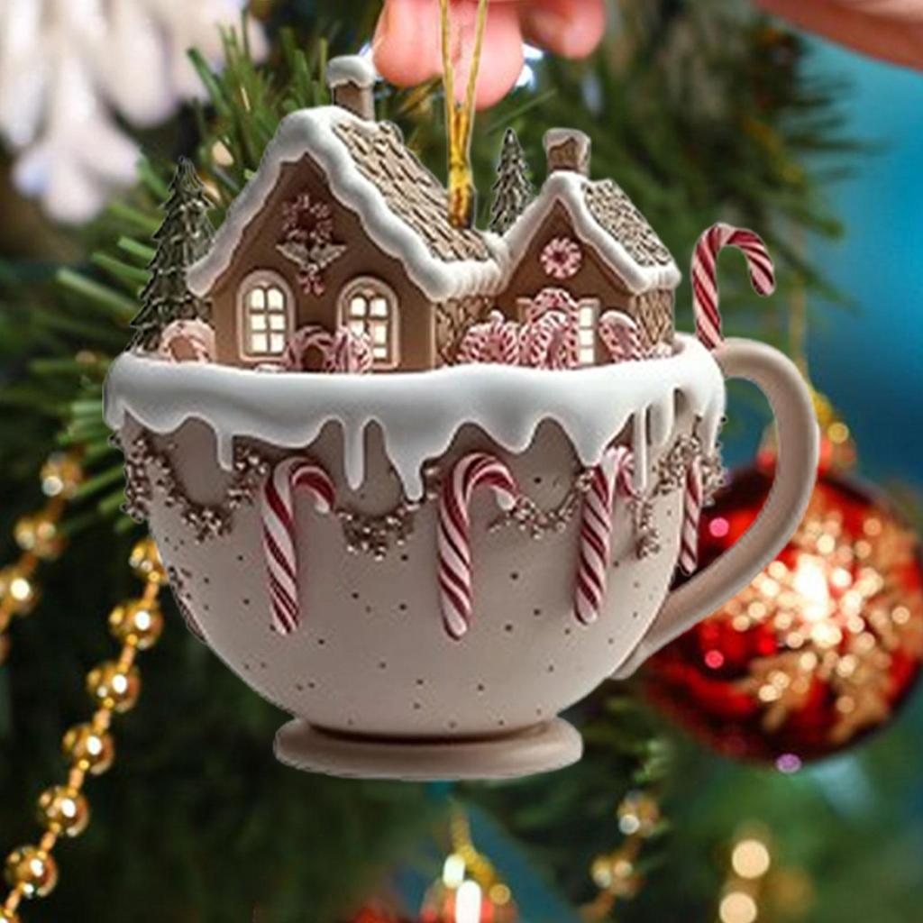 Coffee Cup Ornaments Christmas Tree Pendant 2D Acrylic Christmas Snow Houses Chocolate Mug Car Decor 2025 Xmas Navidad