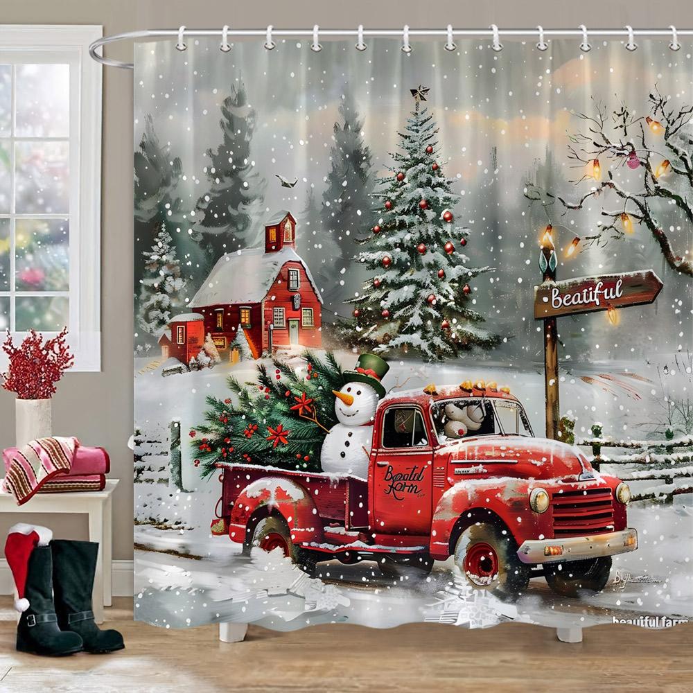 Christmas Printed Shower Curtain Cute Snowman Red Truck Christmas Tree Socks Gifts Winter Fabric Shower Curtains Bathroom Decor