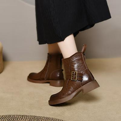 Medium Boots Women's Martin Boots Autumn and Winter New Double-breasted Round Head Flat Bottom Women's Boots Thick Heel Women's Leather Boots