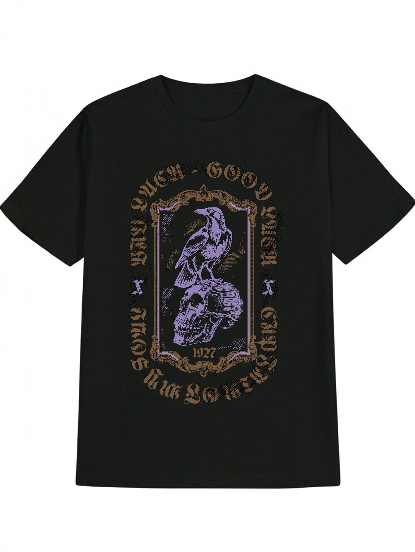 Casual Crew Neck T-shirt with Skull and Raven Graphic Print S