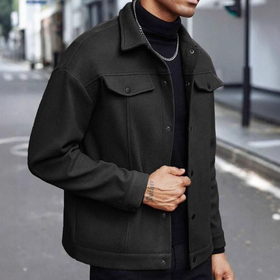 Men Jacket Woolen Lapel Design Long Sleeve Solid Color Coat with Flap Pockets Design