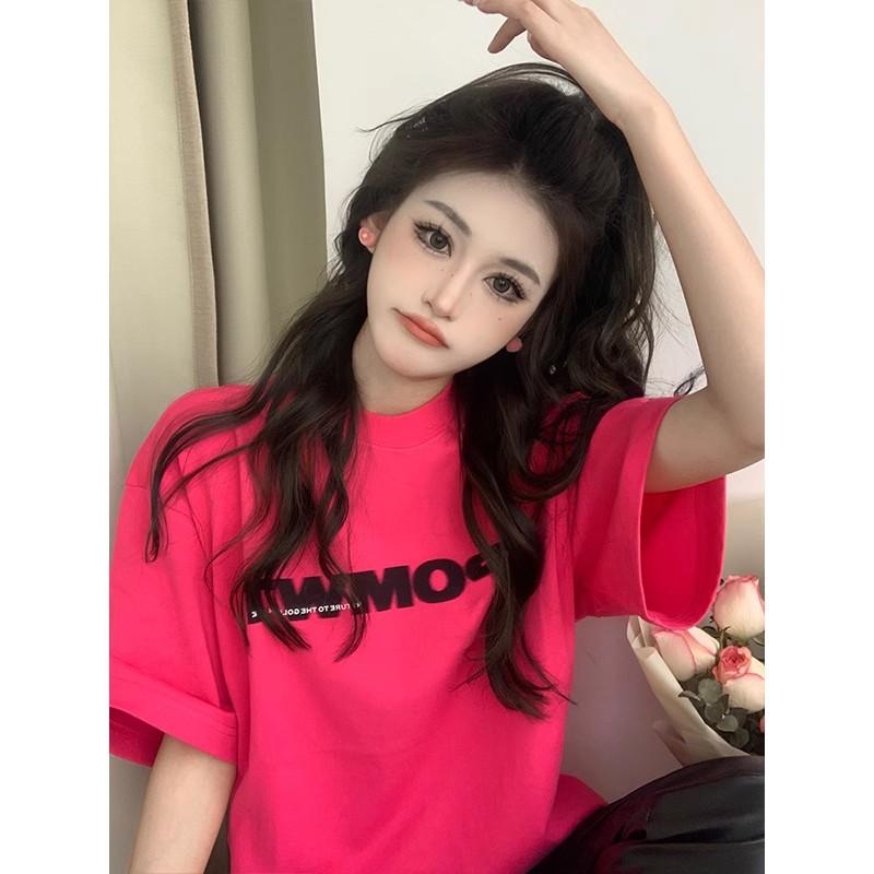 

Japanese dragon fruit color short-sleeved women s summer new loose cotton half-sleeved t-shirt oversize trendy top ins M розы красного