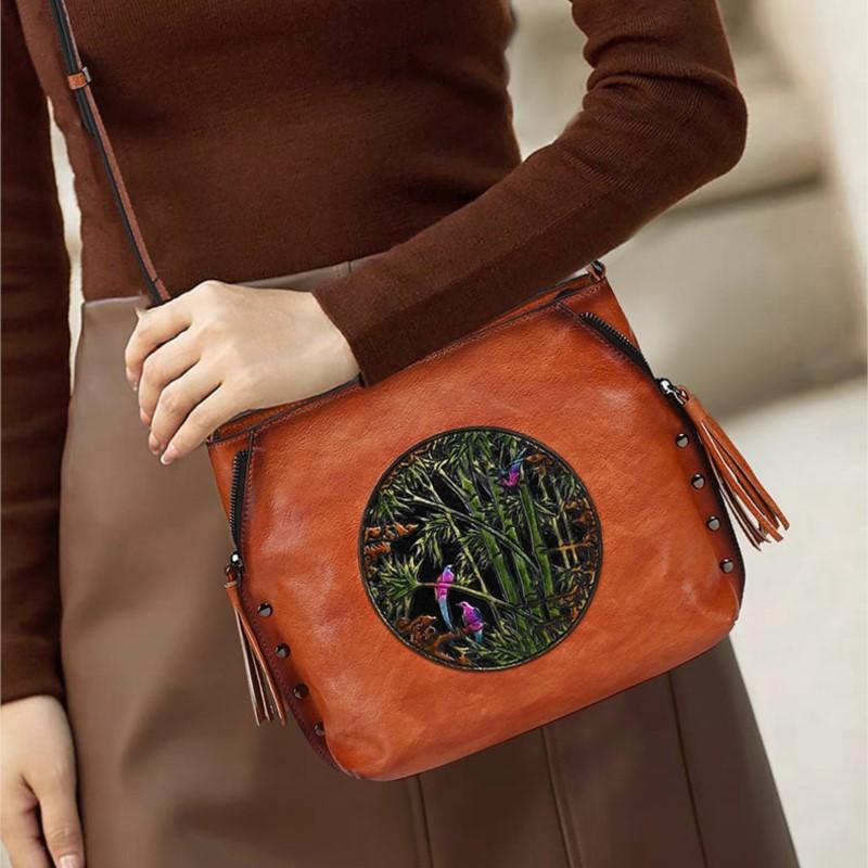 Johnature Vintage Embossed Women's Bag Genuine Leather Large Capacity Versatile Shoulder & Crossbody Bags