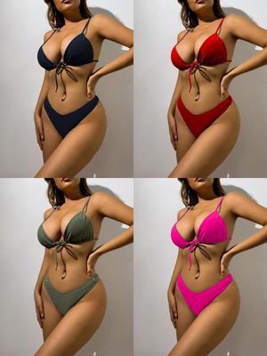 Costume da bagno bikini sexy a due pezzi tinta unita push-up da donna