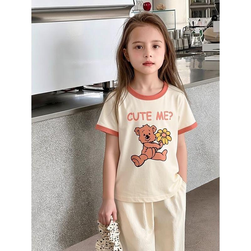 27Home Brand Children's Clothing 2026 Summer New Style Children's Cartoon Bear Pure Cotton Short-Sleeved T-Shirt Baby Girl Clothes