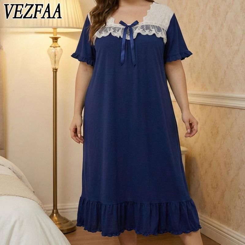 VEZFAA Women's Fashion Summer Spring Lace Print Short Sleeve V‑Neck Loose Casual Nightgown