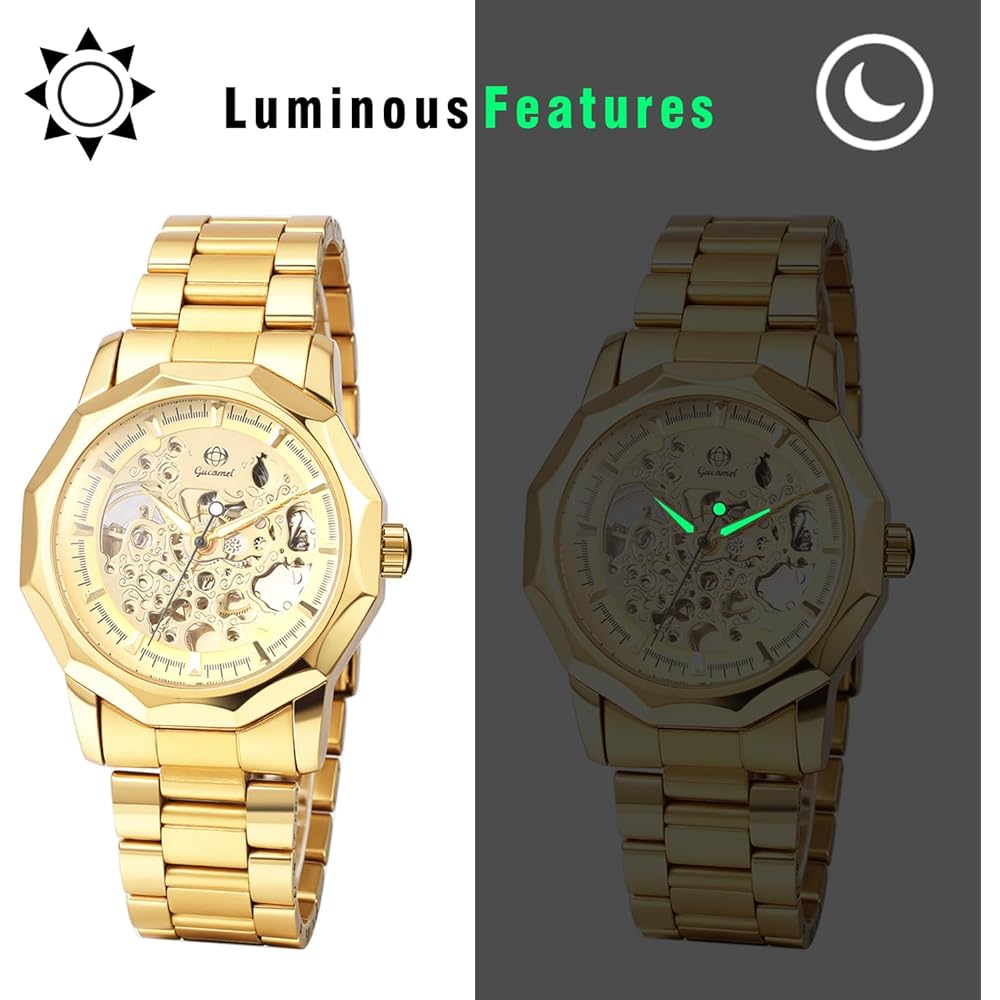 Men's Automatic Skeleton Watch Luminous Analog Display Waterproof Stainless Steel Band Silver Gold Black