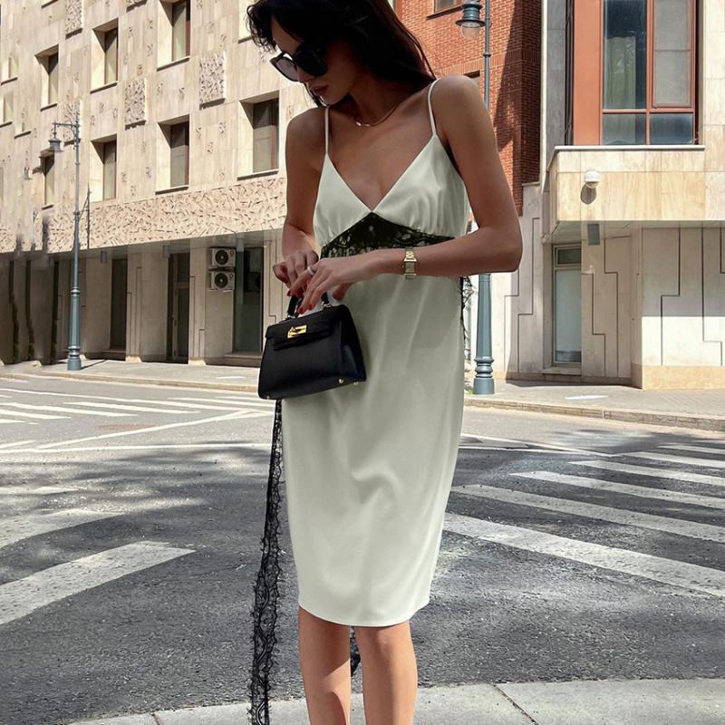 Sexy V-Neck Strap Dress With Lace Detailing And Flowing Ribbons, Stylish And Unique Long Dress For Women