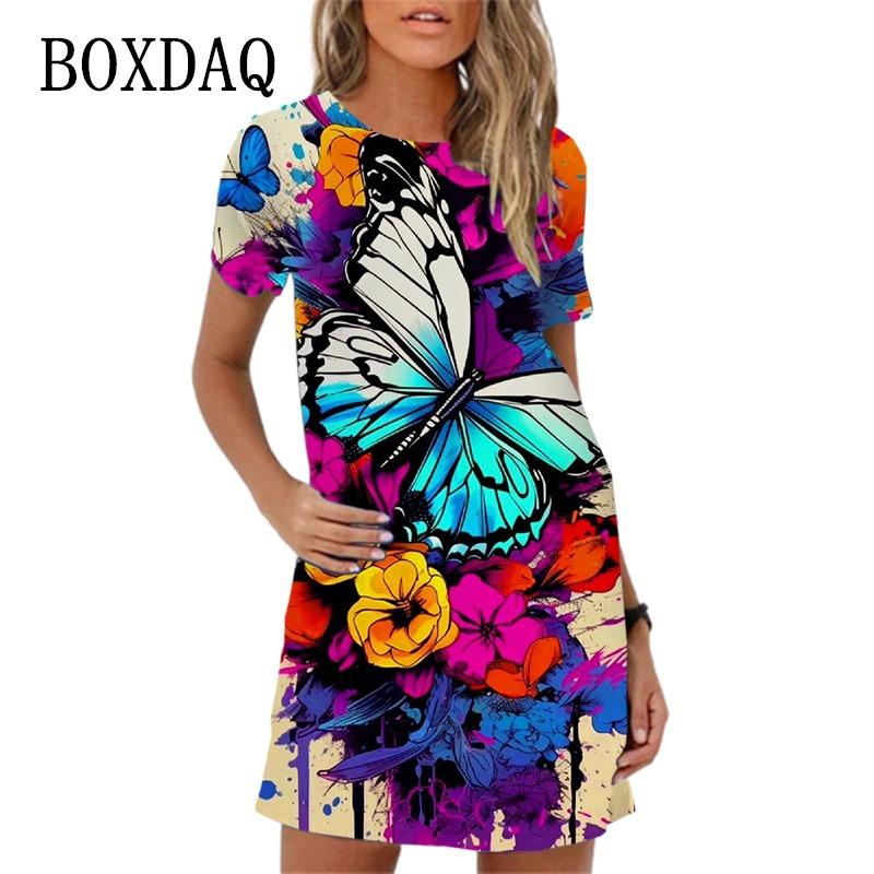 Elegant Butterfly Print Party Dress For Women Short Sleeve O-Neck Loose Casual A-Line Dress New  Spring Summer Ladies Dress