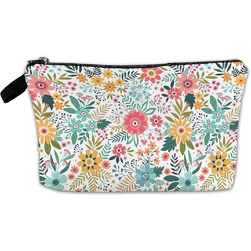 White Flower Floral Makeup Cosmetic Bag Blue Aesthetic Pouch Organizer Small Compact Cute Travel Mini Portable Beauty Toiletry Make Up Brush Storage