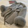 Women's New Autumn Winter Versatile Tweed Cape Coat Belt Loose Fashion Sense Elegant Fox Fur Cuffs Blends Mid Length Coat