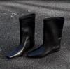 French and Simple~! Leather Small Square Head Bevel Heel Wide Mouth Boots Wide Tube Circumtire Cowhide Boots Women