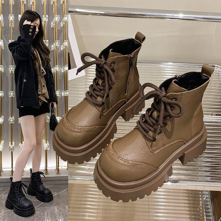 Autumn Thick Bottom Big Head Boots Fashionable and Comfortable Female Real Cowhide Short Lace-up Biker Boots