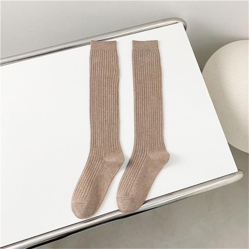 Women Ribbed Knitting Cotton Long Socks Autumn Winter Warm Fashion Solid Color Casual Breathable Knee High Stockings
