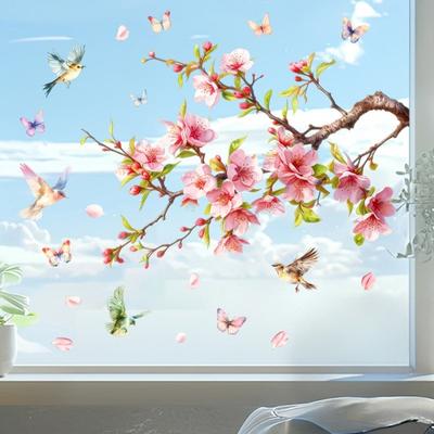 Cherry Blossom Flower Window Clings Floral Branch Butterfly Birds Window Decal Static Glass Doors Mirror Sticker for Bedroom