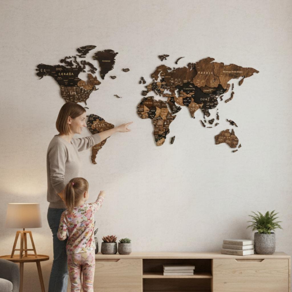 Wooden World Map 3D XXL Cities Dark Brown 181x100 cm Wall Puzzle