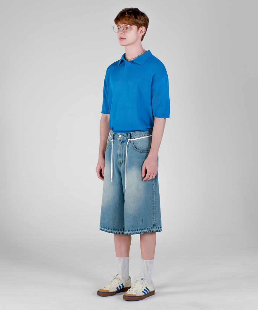 ESN Washable Collared Neck Short Sleeve Knit Blue