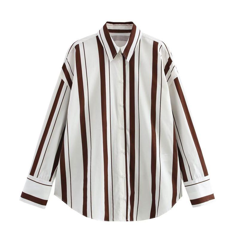 Kaslead New Arrival Women's Fashion Style Stripes Poplin Cotton Long Sleeves Lapel Shirt 2262115 062