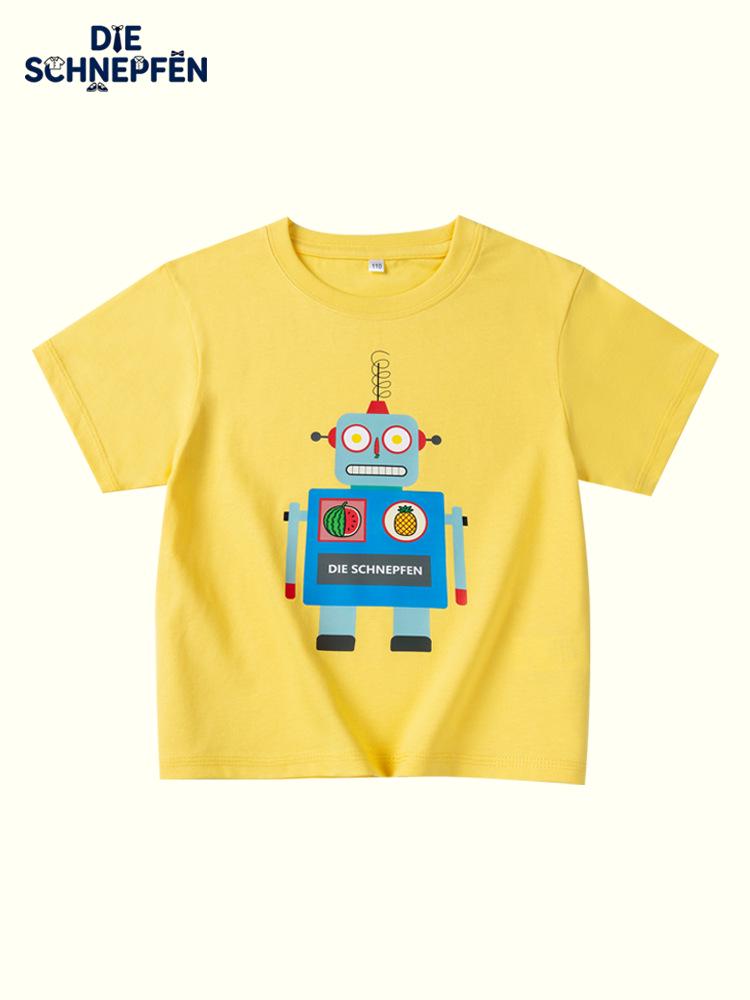 Children's Cartoon Robot Print Pure Cotton T-Shirt, Round Neck, Short Sleeve, Cute and Loose Fit