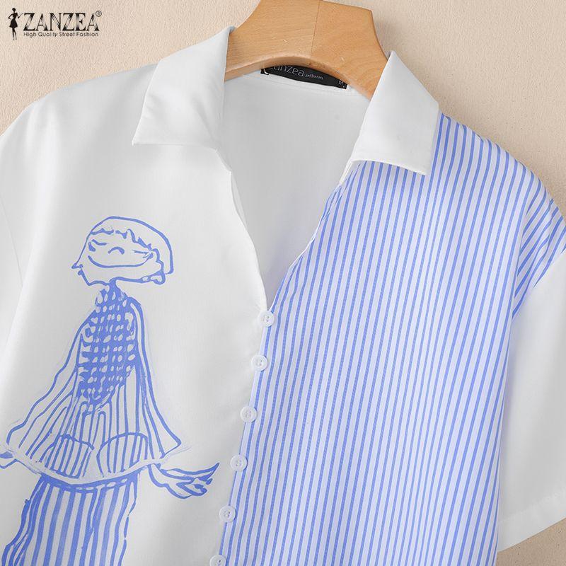 ZANZEA Women Casual Turn Down Collar Short Sleeve Stripe Blouse
