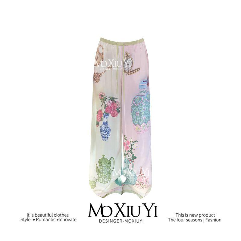 Moxiuyi Studio [In Stock] Color Matching Printed Breathable Casual Wide-Leg Trousers Color Splicing XL